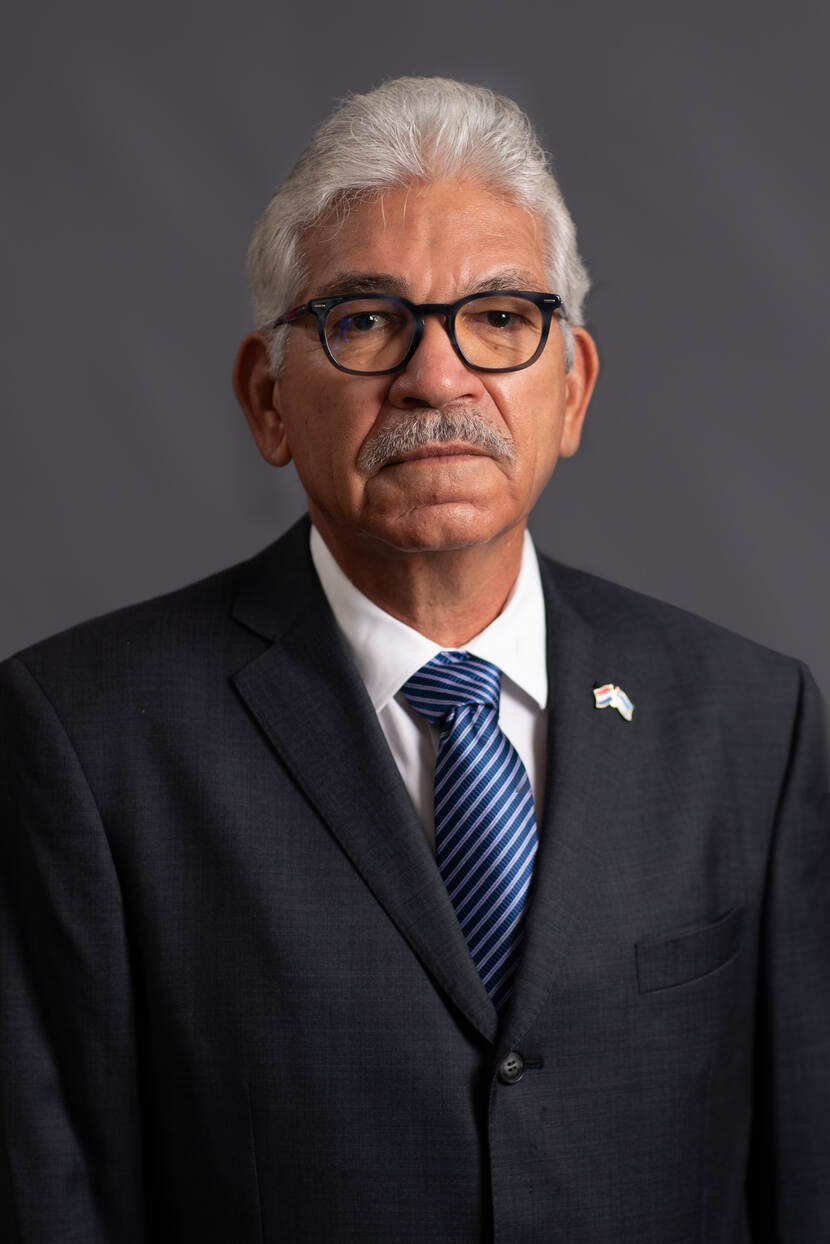 Portretfoto van waarnemend Gouverneur Vrolijk voor een grijze achtergrond.
